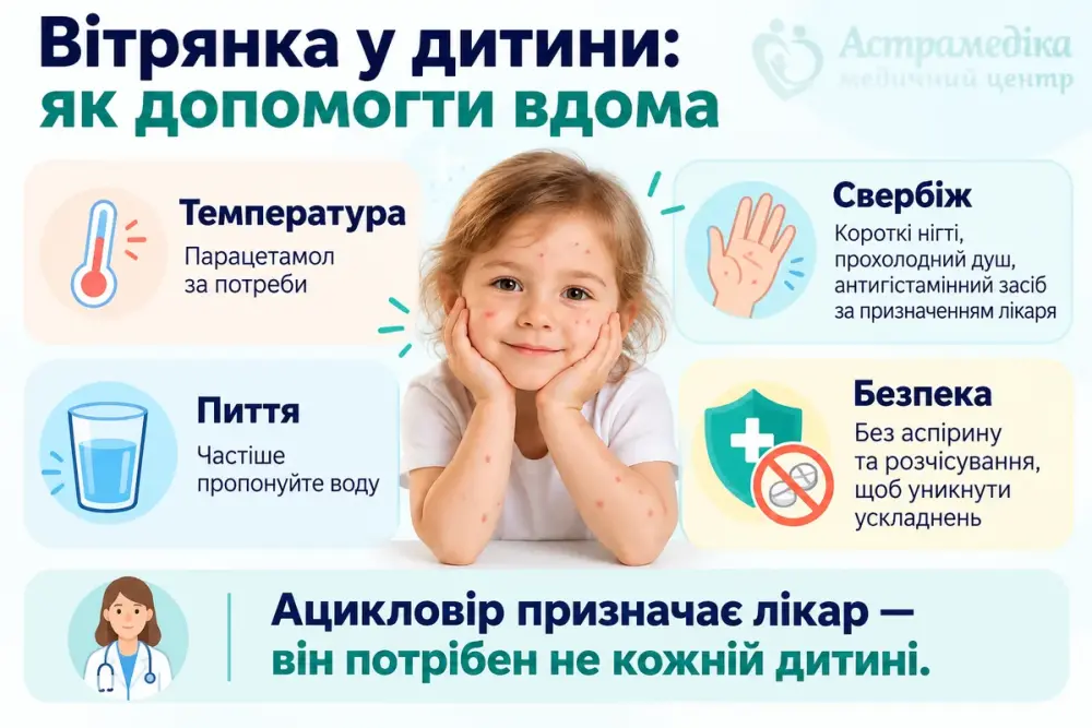 Инфографика ухода за ребёнком при ветрянке: снижение температуры, облегчение зуда, питьё и профилактика осложнений