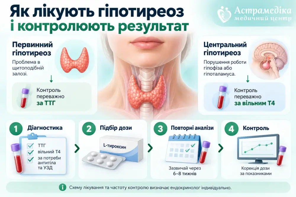 Инфографика лечения гипотиреоза: диагностика, подбор дозы левотироксина, контроль ТТГ и свободного Т4