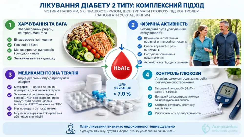 Основні методи лікування цукрового діабету 2 типу: харчування, фізична активність, препарати та контроль глюкози