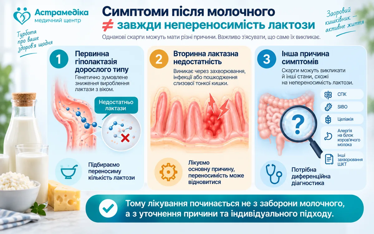 Причини симптомів після молочних продуктів та непереносимість лактози